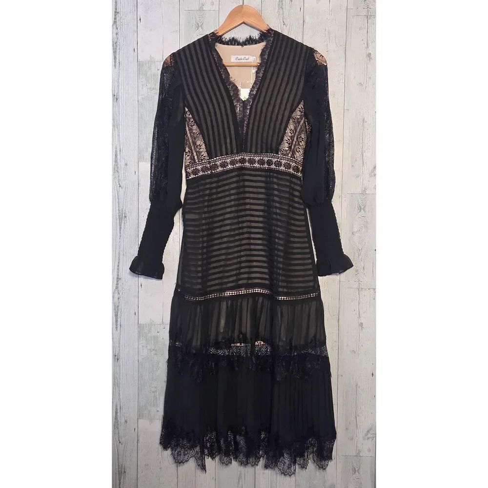 Cate Cat Midi Whimsygoth Illusion Chiffon Lace Poet Bishop Sleeve Dress Sz. M - Picture 3 of 11